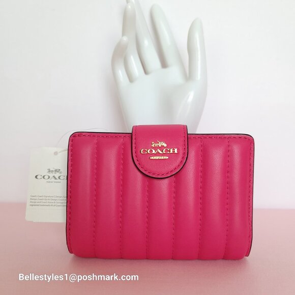 COACH Bifold Quilted Soft Smooth Leather ID Window Medium Wallet - Bold Pink ⭐ - Picture 1 of 16